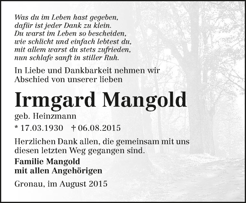  Traueranzeige für Irmgard Mangold vom 19.08.2015 aus 