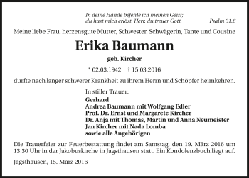 Traueranzeige von Erika Baumann 