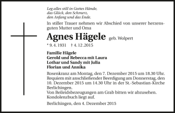 Traueranzeige von Agnes Hägele 