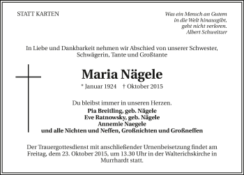 Traueranzeige von Maria Nägele 