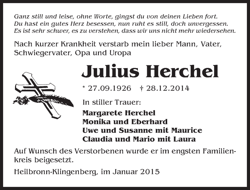  Traueranzeige für Julius Herchel vom 10.01.2015 aus 