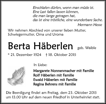 Traueranzeige von Berta Häberlen 