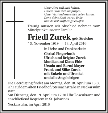 Traueranzeige von Friedl Zurek 