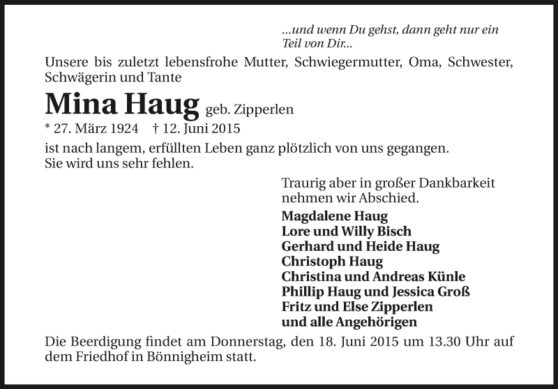  Traueranzeige für Mina Haug vom 15.06.2015 aus 