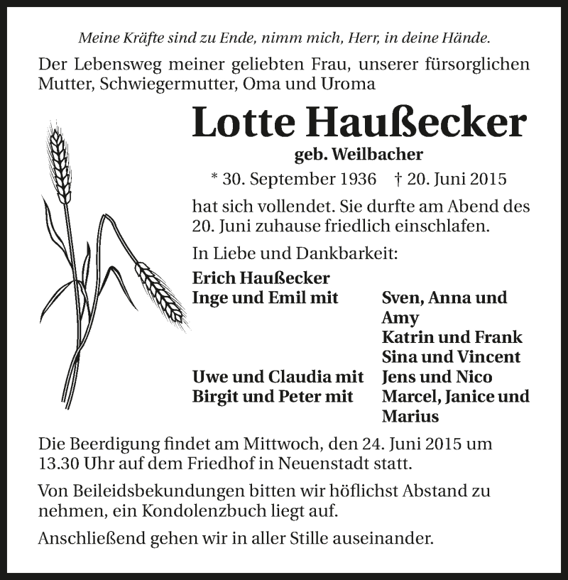  Traueranzeige für Lotte Haußecker vom 23.06.2015 aus 