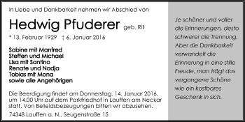 Traueranzeige von Hedwig Pfuderer 