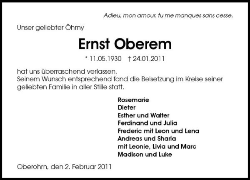  Traueranzeige für Ernst Oberem vom 02.02.2011 aus 