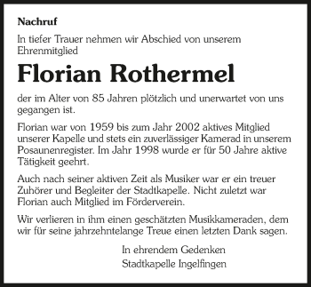 Traueranzeige von Florian Rothermel 