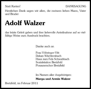Traueranzeige von Adolf Walzer 