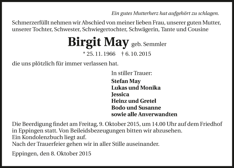  Traueranzeige für Birgit May vom 08.10.2015 aus 