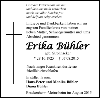 Traueranzeige von Erika Bühler 