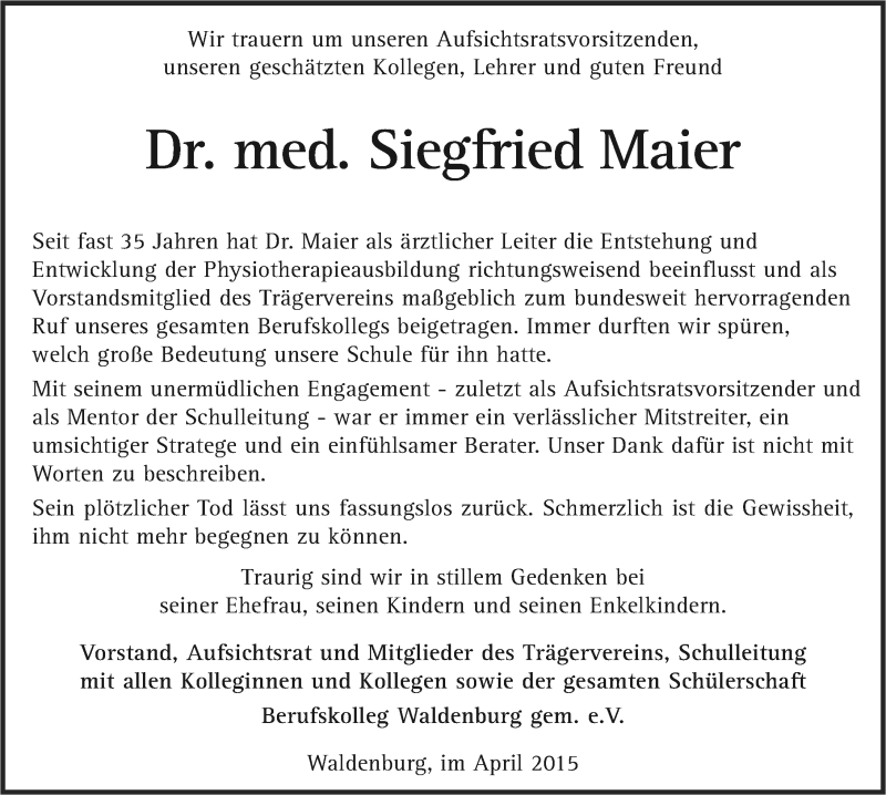  Traueranzeige für Siegfried Maier vom 29.04.2015 aus 