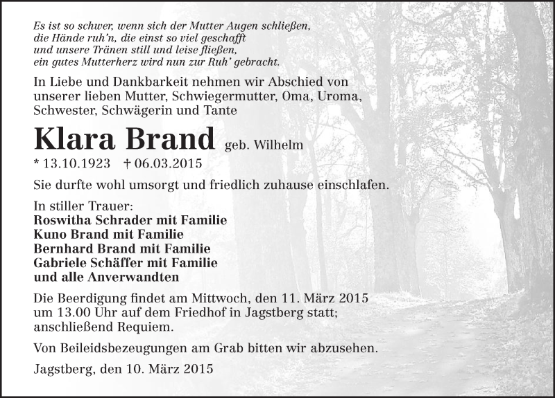  Traueranzeige für Klara Brand vom 10.03.2015 aus 