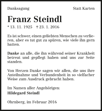 Traueranzeige von Franz Steindl 