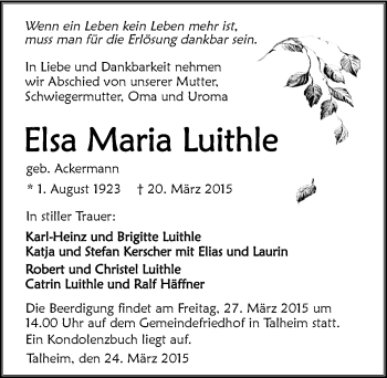 Traueranzeige von Elsa Maria Luithle 