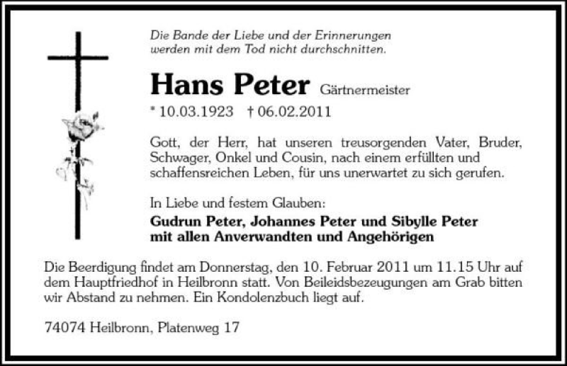  Traueranzeige für Hans Peter vom 09.02.2011 aus 