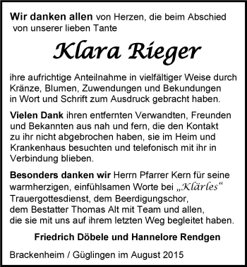 Traueranzeige von Klara Rieger 
