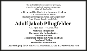 Traueranzeige von Adolf Jakob Pflugfelder 