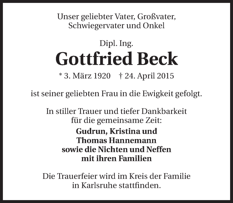  Traueranzeige für Gottfried Beck vom 30.04.2015 aus 
