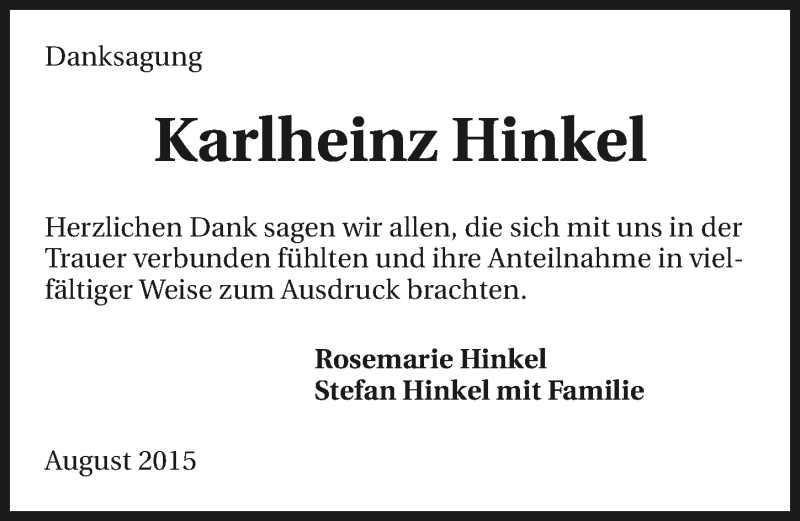  Traueranzeige für Karlheinz Hinkel vom 12.08.2015 aus 