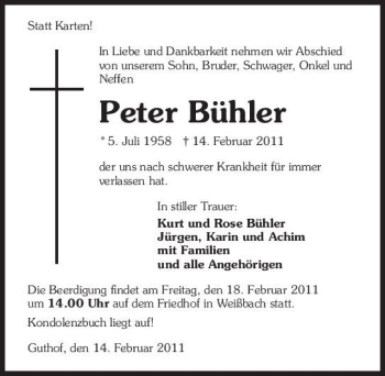 Traueranzeige von Peter Bühler 