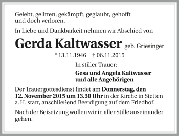 Traueranzeige von Gerda Kaltwasser 