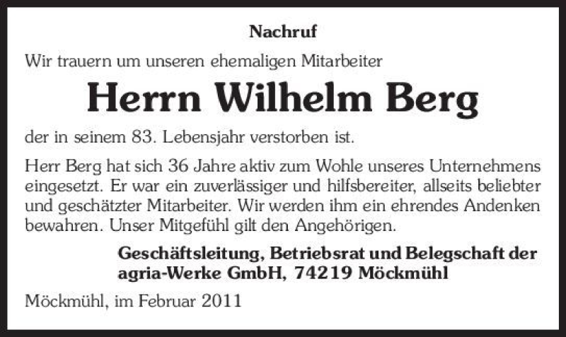  Traueranzeige für Wilhelm Berg vom 18.02.2011 aus 