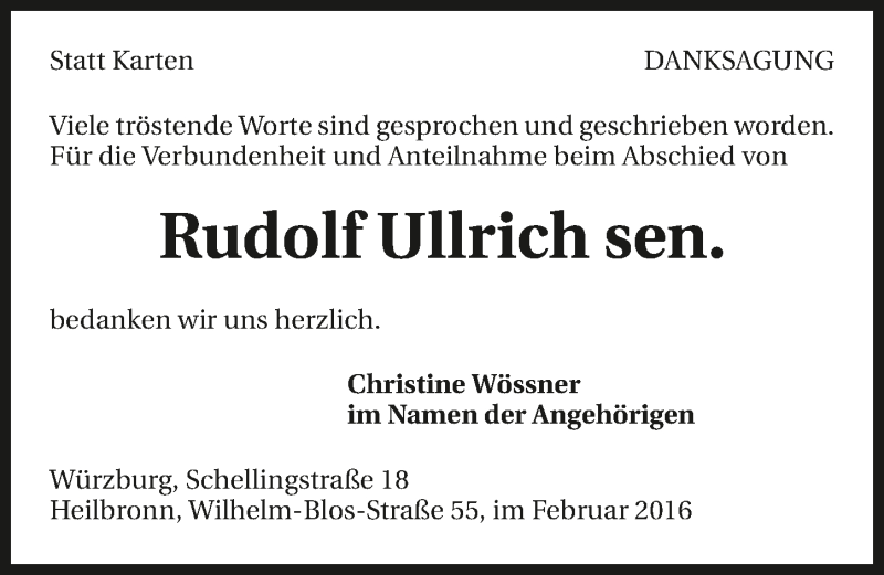  Traueranzeige für Rudolf Ullrich vom 20.02.2016 aus 