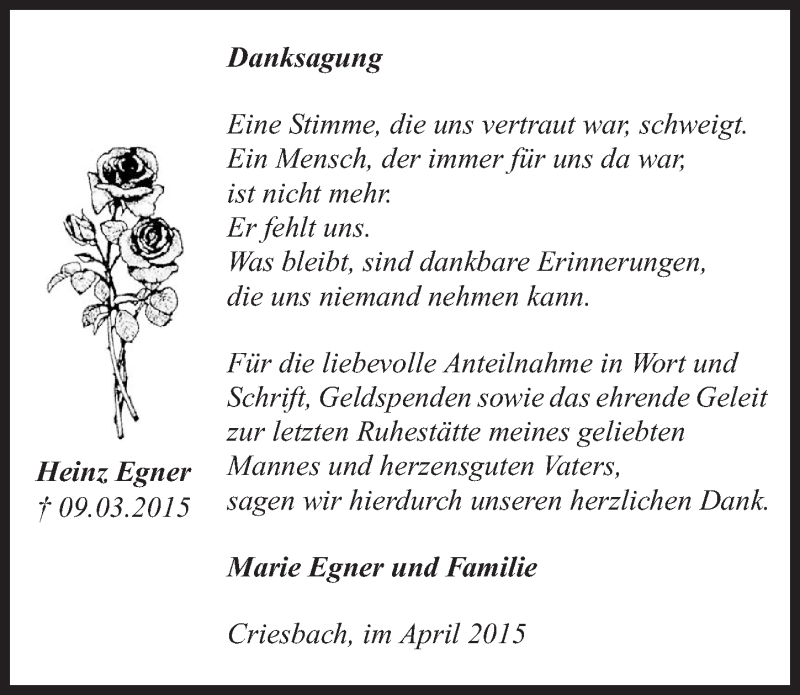  Traueranzeige für Heinz Egner vom 18.04.2015 aus 