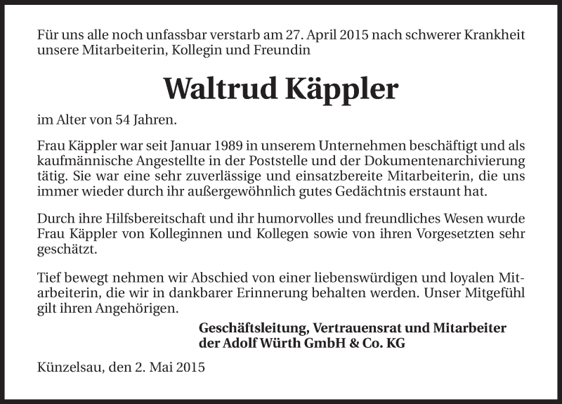  Traueranzeige für Waltrud Käppler vom 02.05.2015 aus 