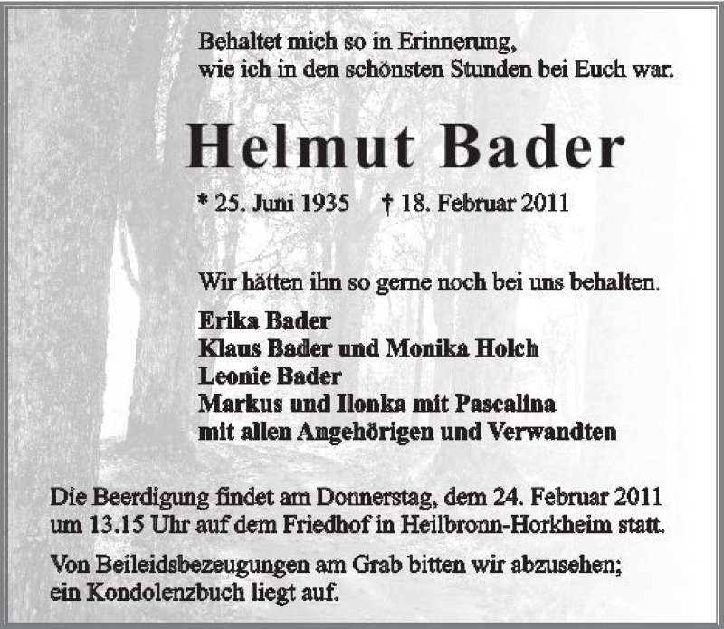  Traueranzeige für Helmut Bader vom 21.02.2011 aus 