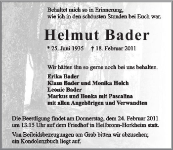 Traueranzeige von Helmut Bader 