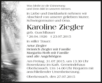 Traueranzeige von Karoline Ziegler 