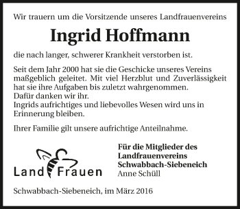 Traueranzeige von Ingrid Hoffmann 