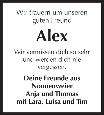 Traueranzeige von Alex  
