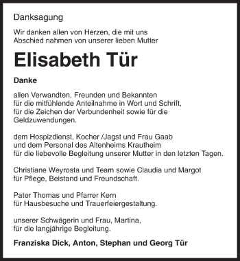 Traueranzeige von Elisabeth Tür 