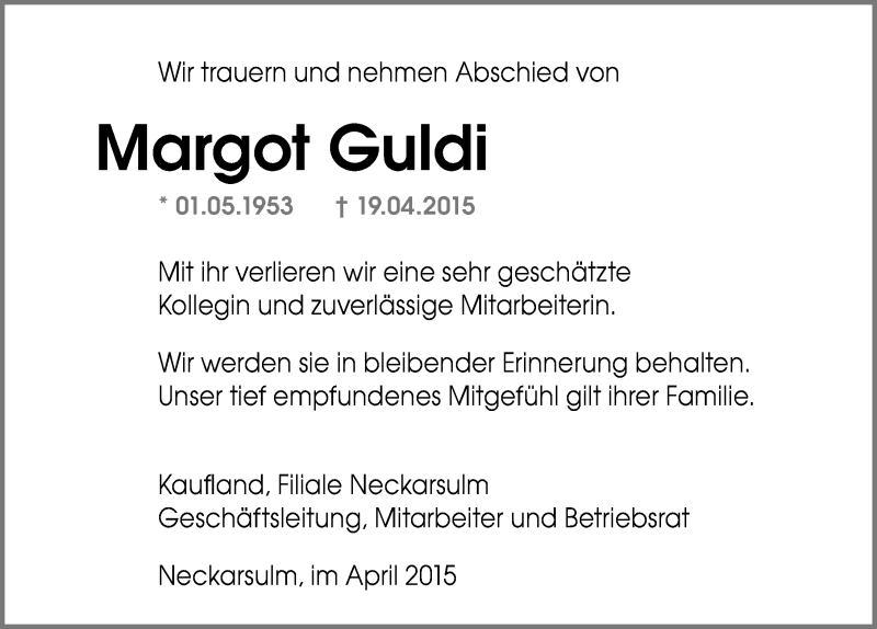  Traueranzeige für Margot Guldi vom 24.04.2015 aus 