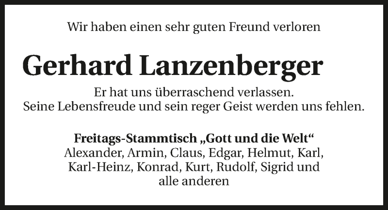 Traueranzeige für Gerhard Lanzenberger vom 30.07.2015 aus 