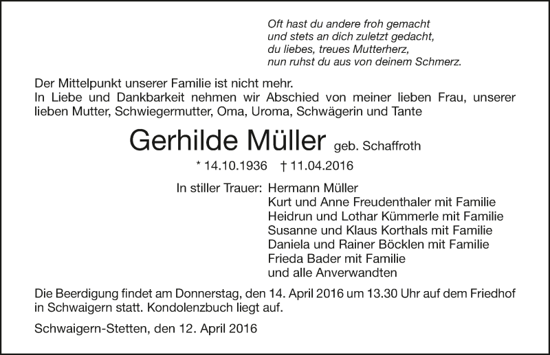  Traueranzeige für Gerhilde Müller vom 13.04.2016 aus 