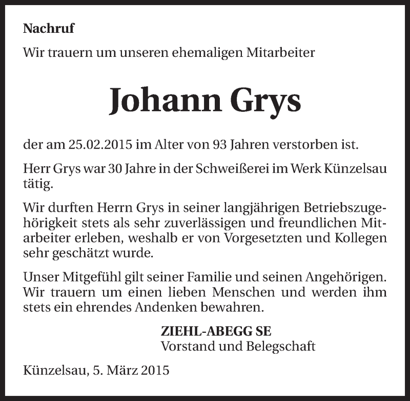  Traueranzeige für Johann Grys vom 06.03.2015 aus 
