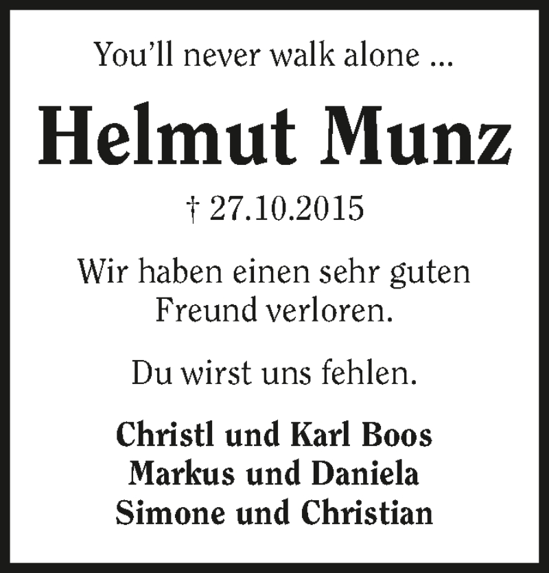  Traueranzeige für Helmut Munz vom 31.10.2015 aus 