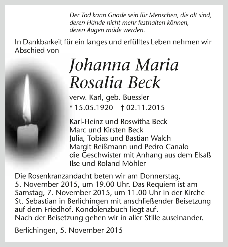  Traueranzeige für Johanna Maria Rosalia Beck vom 05.11.2015 aus 