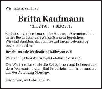 Traueranzeige von Britta Kaufmann 