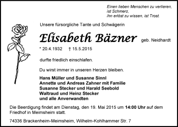 Traueranzeige von Elisabeth Bäzner 