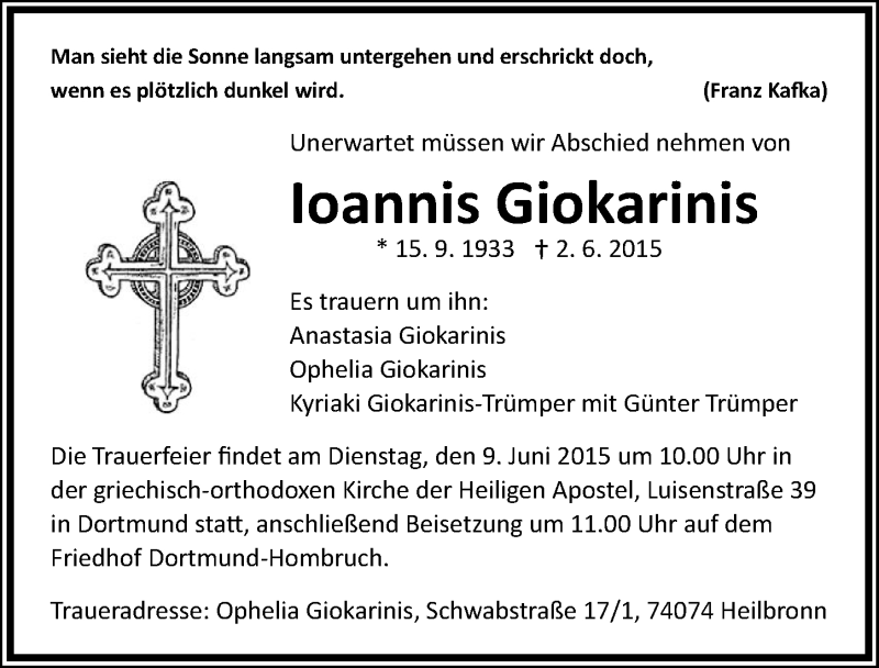  Traueranzeige für Ioannis Giokarinis vom 06.06.2015 aus 