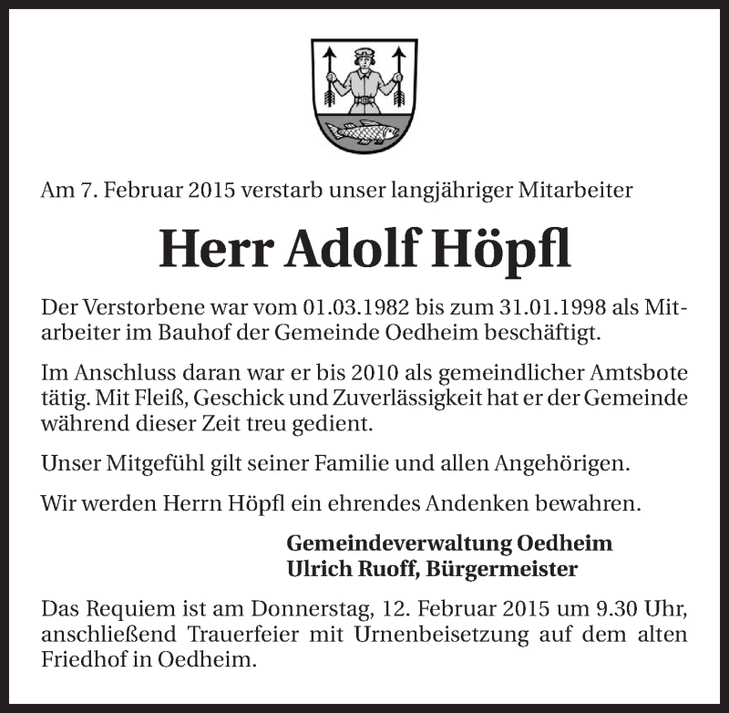  Traueranzeige für Adolf Höpfl vom 11.02.2015 aus 