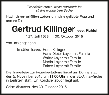 Traueranzeige von Gertrud Killinger 