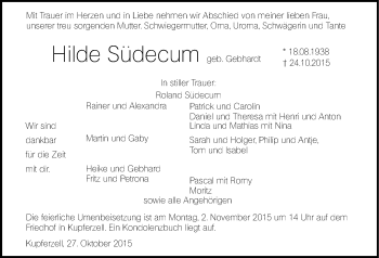 Traueranzeige von Hilde Südecum 