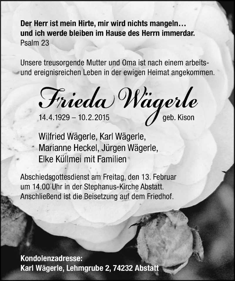  Traueranzeige für Frida Wägerle vom 12.02.2015 aus 