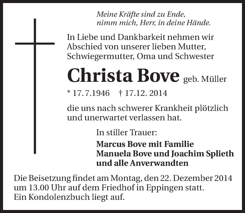  Traueranzeige für Christa Bove vom 20.12.2014 aus 